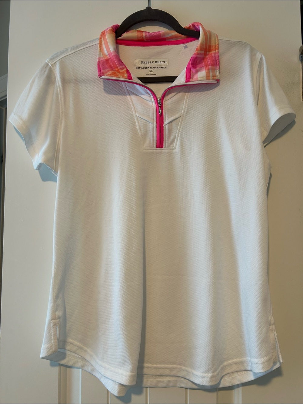 Pebble Beach White Short Sleeve Polo with Pink Plaid Collar
